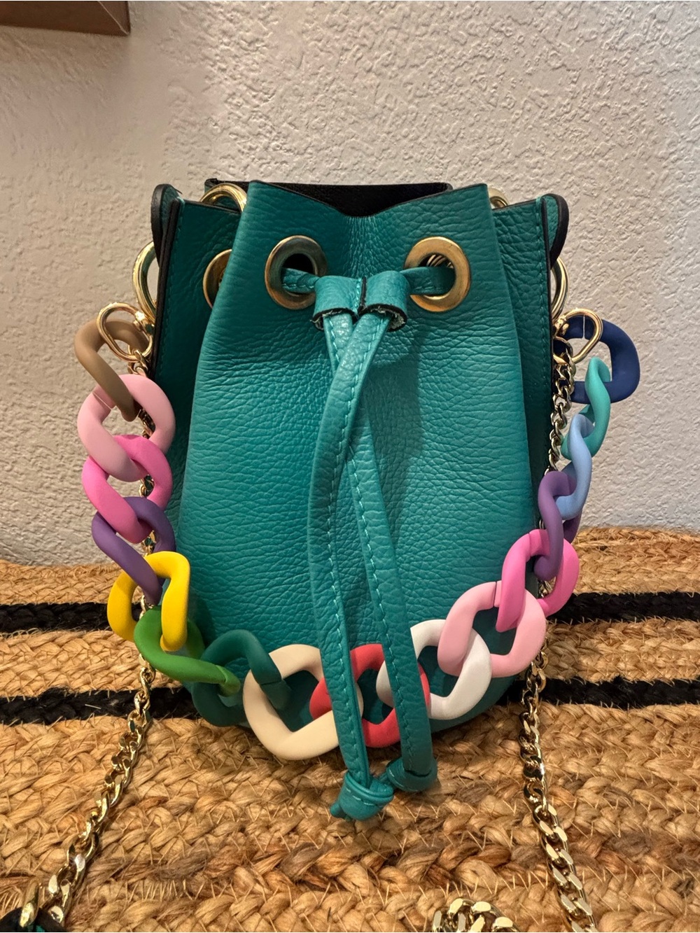 Teal Drawstring Bucket Bag with Multicolor Chain - Made in Italy